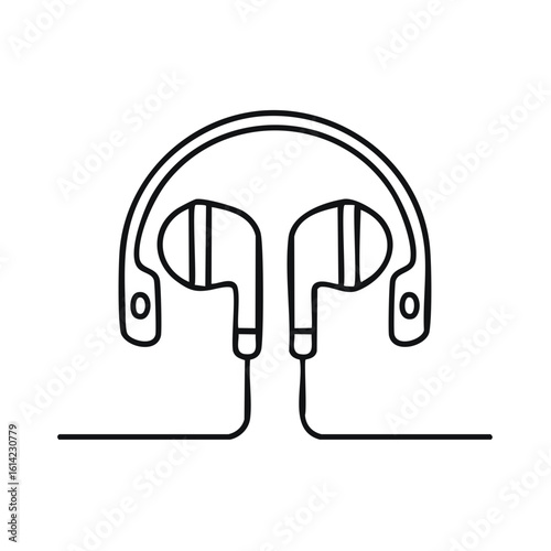 Outline Drawing of Earbuds with Headband for Listening Music or Audio