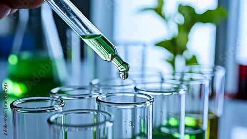 Scientific research in laboratory with glassware and chemical solutions innovative experiments for medical advancements and pharmaceutical development with clear focus on process