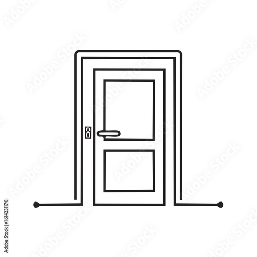 Outline Illustration of a Door with Handle, Frame, and Baseboard Line