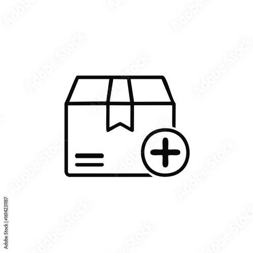 Shopping cart icon with plus symbol for adding item, simple outline graphic