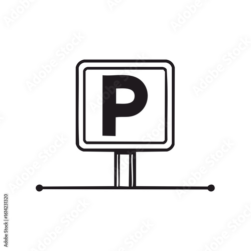 Minimalist parking sign icon with P letter black and white vector illustration