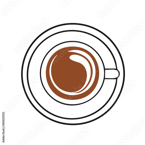 Top-Down View of Cup of Coffee on Saucer with Simple Black Outlines and Light Brown Liquid