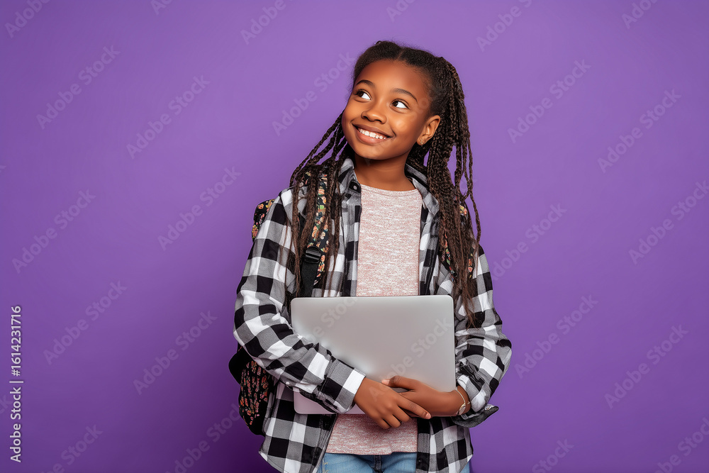 Girl Young African American Student with Laptop, Smiling Girl Young African American Student with Laptop, Smiling