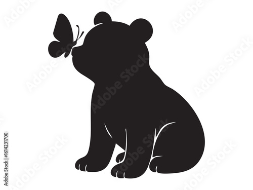 Black silhouette of bear cub with butterfly on nose, isolated on white background. concept of wildlife, cute animal, forest creature, nature icon, design element, logo