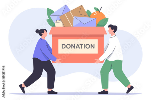 A heartwarming illustration of two volunteers carrying a donation box, symbolizing community support and generosity in charitable efforts for those in need.