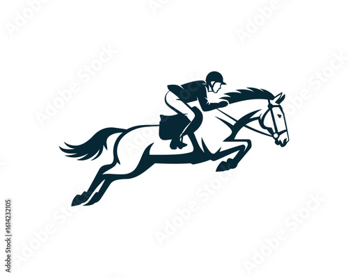 An action-packed illustration of a horse and rider in mid-jump, symbolizing grace, strength, and the thrilling essence of equestrian sports and dedication.