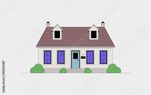 A delightful illustration of a cozy house, complete with charming details like shrubs, windows, and a welcoming door sign that evokes feelings of home and warmth.