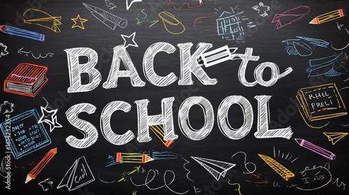 Animated “Back to School” text in chalkboard style with doodles of books, pencils, and paper airplanes drawing themselves