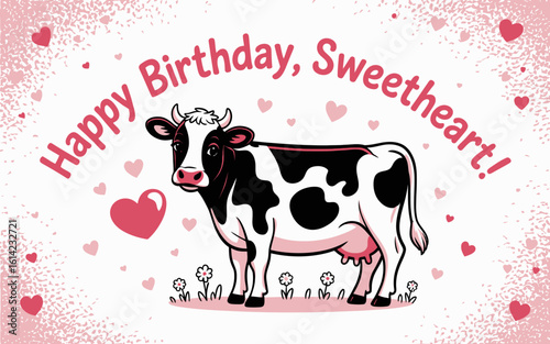 A charming birthday card displaying a happy cow, adorned with hearts and flowers, perfectly representing love and joy for a sweetheart's special day.
