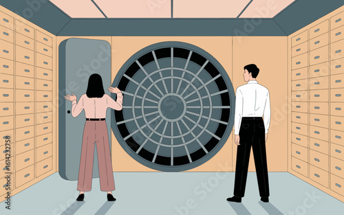 An intriguing illustration showing a man and a woman standing before a massive safe door, suggesting themes of security, secrets, and discovery in a captivating manner.
