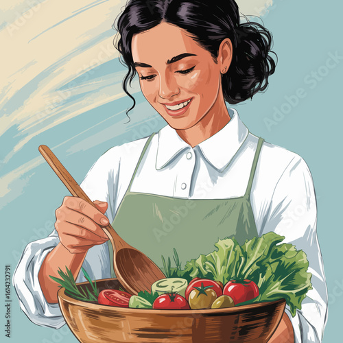 A beautiful illustration of a woman joyfully preparing a fresh salad highlights the importance of healthy eating and culinary art in daily life and wellbeing.