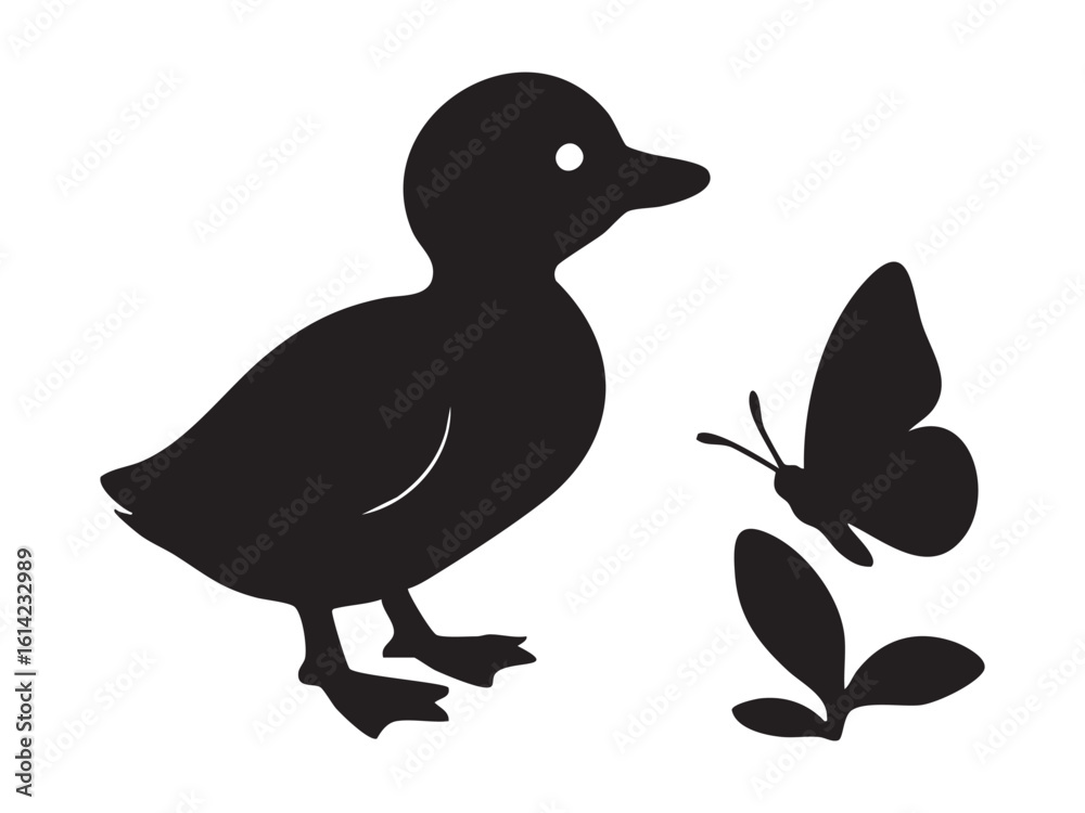 Fototapeta premium Black silhouette of duck with butterfly and leaves, isolated on white background, graphic illustration. concept of bird, nature, wildlife, design element, garden, logo