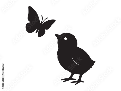 Black silhouette of bird chick with butterfly, isolated on white background, graphic illustration. concept of nature, cute animals, wildlife interaction, illustration, design element