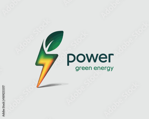 This modern logo blends a leaf with a lightning bolt, representing green energy solutions, perfect for companies focused on sustainability and innovation in the eco-friendly sector.