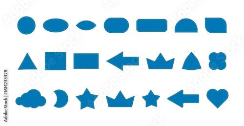 Set of Patches denim shape with stitches seam jeans - star moon, arrow cloud circle, triangle rectangle fashion illustration. Flat apparel blue color template isolated on white background