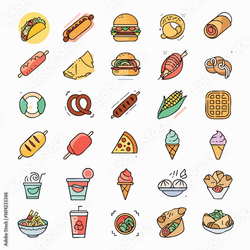 Diverse Collection of Delicious Fast Food Icons.