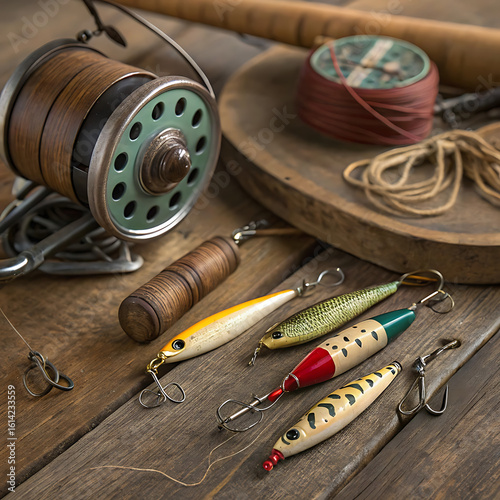 Close-up of assorted vintage fishing lures and hand-carved wooden bobbers on a rustic wooden table, with an old fishing reel and tangled fishing line