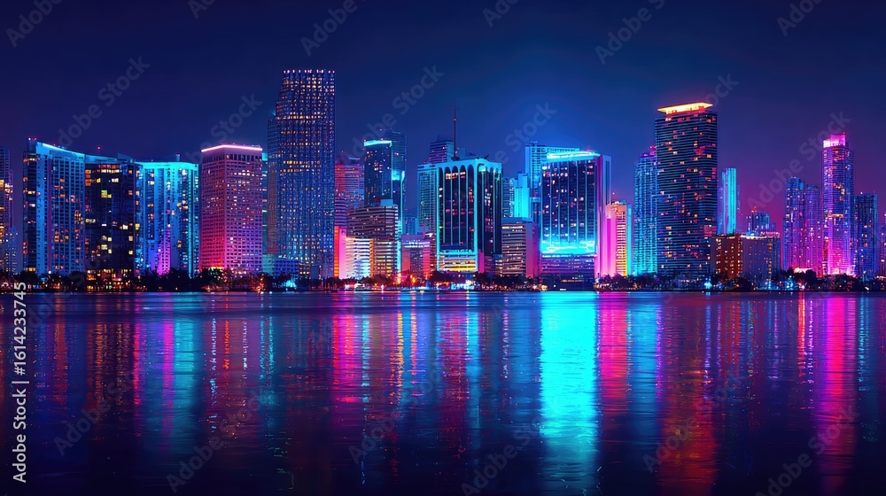 Fototapeta premium Vibrant cityscape at night, reflecting in calm water.