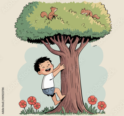 An enthusiastic boy climbs a sturdy tree, happily engaging with two squirrels that perch on branches, surrounded by blooming flowers, capturing the essence of childhood adventure.