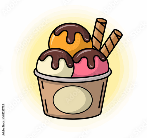 This fun illustration presents a colorful ice cream cup featuring three flavors topped with chocolate syrup and wafer sticks, evoking feelings of joy and indulgence.