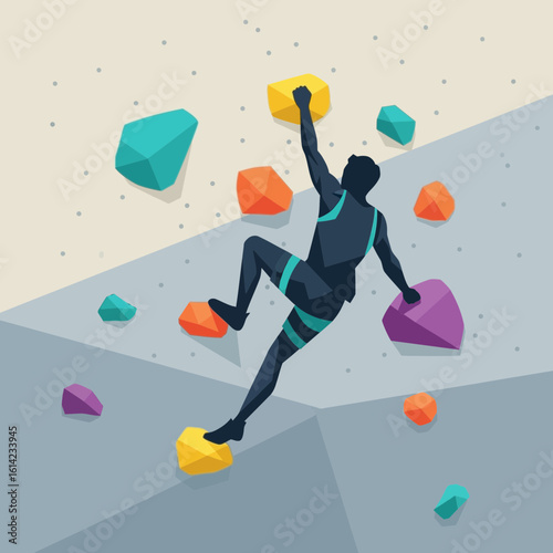 Silhouette of person climbing indoor wall with colorful grips and safety harness.