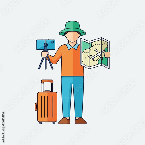 Cartoon traveler holding map and camera with suitcase on a white background.