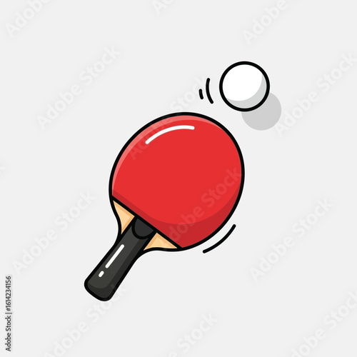 Red ping pong paddle with black handle hitting a white ball.
