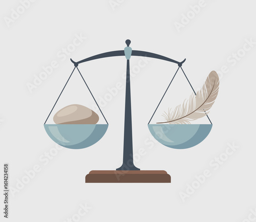 This image illustrates the balance between heavy and light elements, showcasing a stone and a feather on either side of a classic scale, symbolizing justice and weighing choices.