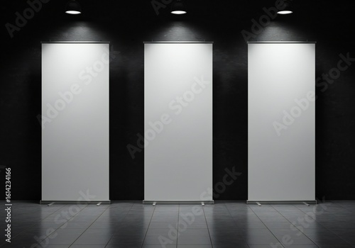 Three vertical white banners in a dark room with overhead lights, creating a minimalistic look. Focus on symmetry and texture in the backdrop.