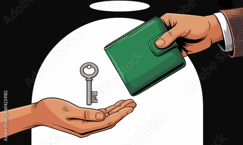 An illustration showing a hand providing a key while another hand holds a wallet symbolizes security, trust, and the importance of financial access in everyday life.