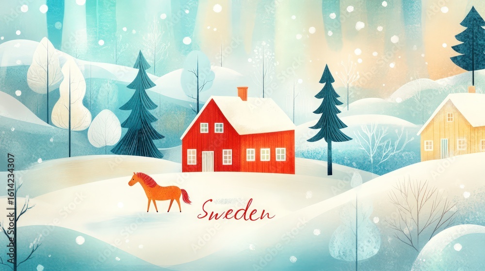 Naklejka premium Snow falling on red swedish house and brown horse in winter wonderland, illustration