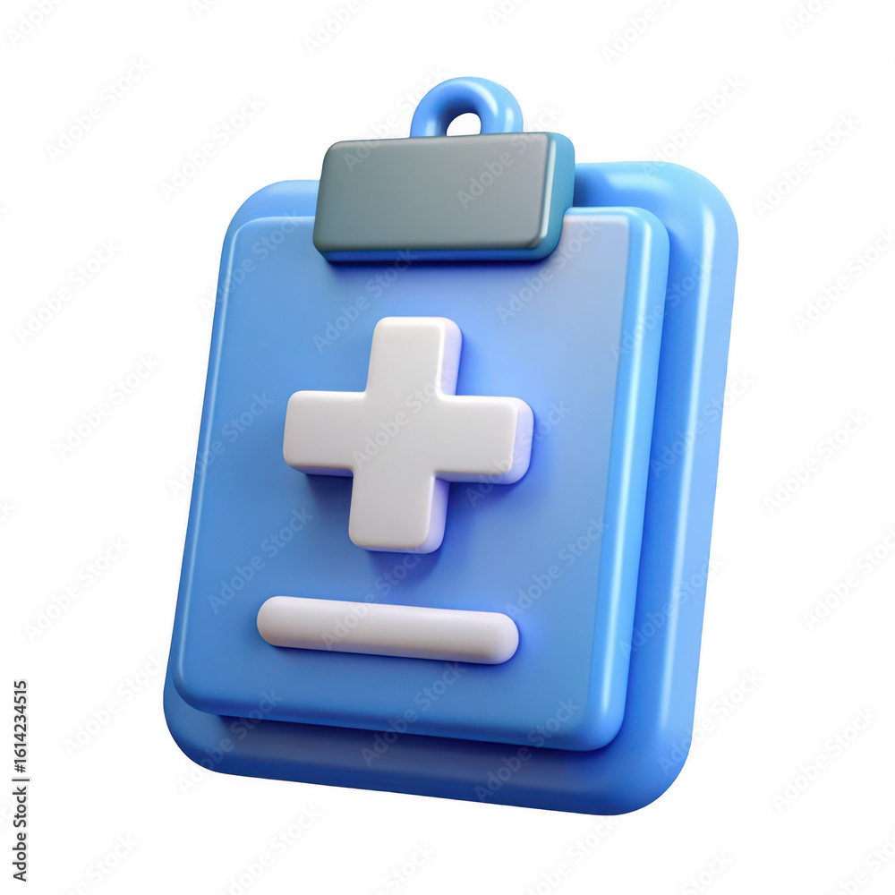 Fototapeta premium Blue medical clipboard with plus and minus symbols isolated on transparent background