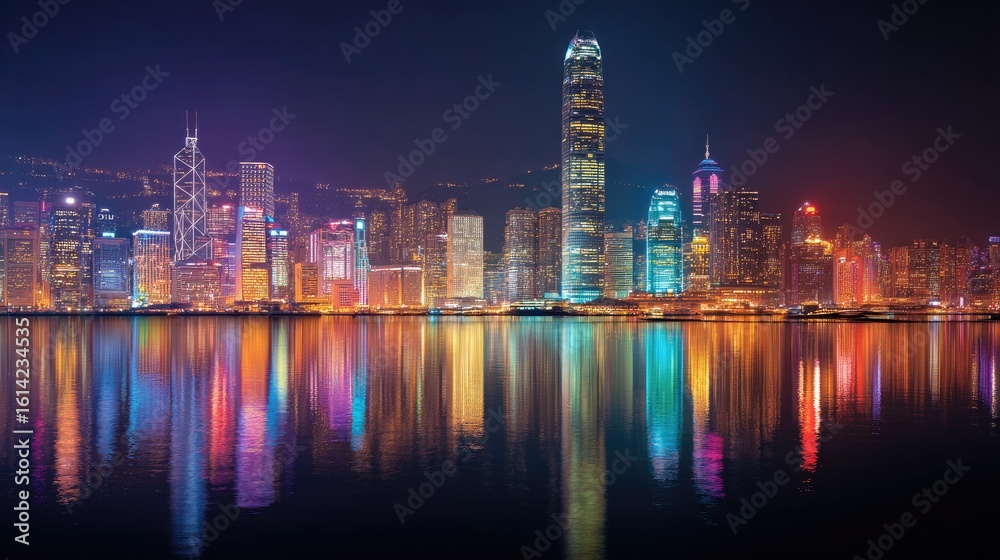 Fototapeta premium Vibrant cityscape at night, reflected in the water.