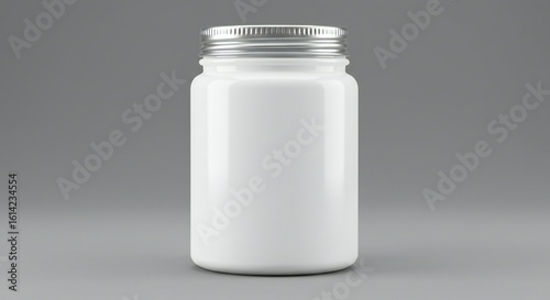 Minimalistic white jar with silver lid, glossy finish, neutral grey background, focus on clean design.