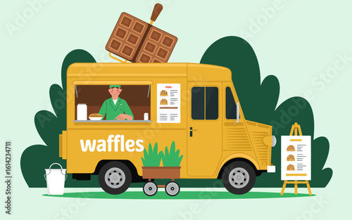 A whimsical yellow waffle truck stands amidst greenery, featuring an employee at the window ready to serve. Perfect for food lovers looking for a tasty treat on-the-go.