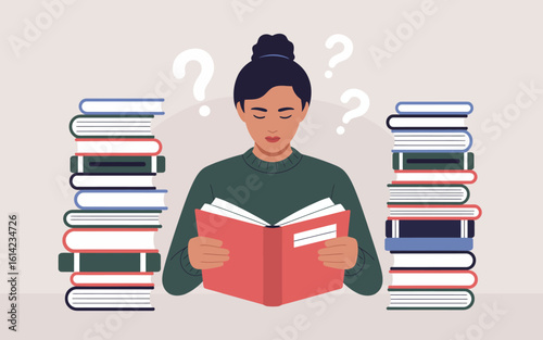 A pensive young woman sits surrounded by towering stacks of books, flipping through a large book while displaying an expression of confusion and contemplation about her reading choices.