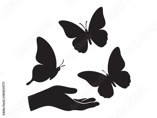 Black silhouette of three butterflies in flight with hand, isolated on white background, graphic illustration. concept of nature, freedom, insects, beauty, design element