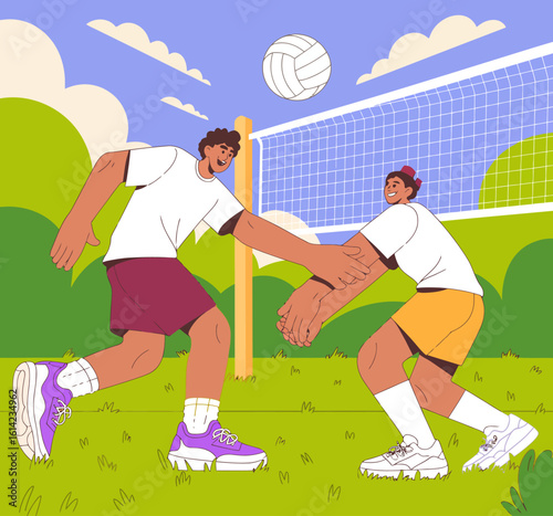 Two energetic friends enjoying a volleyball match in a sunny outdoor setting, capturing the spirit of friendship, fun, and athleticism in an active environment.