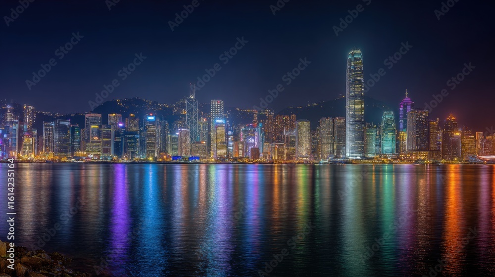 Obraz premium Vibrant cityscape reflected in the tranquil waters at night.