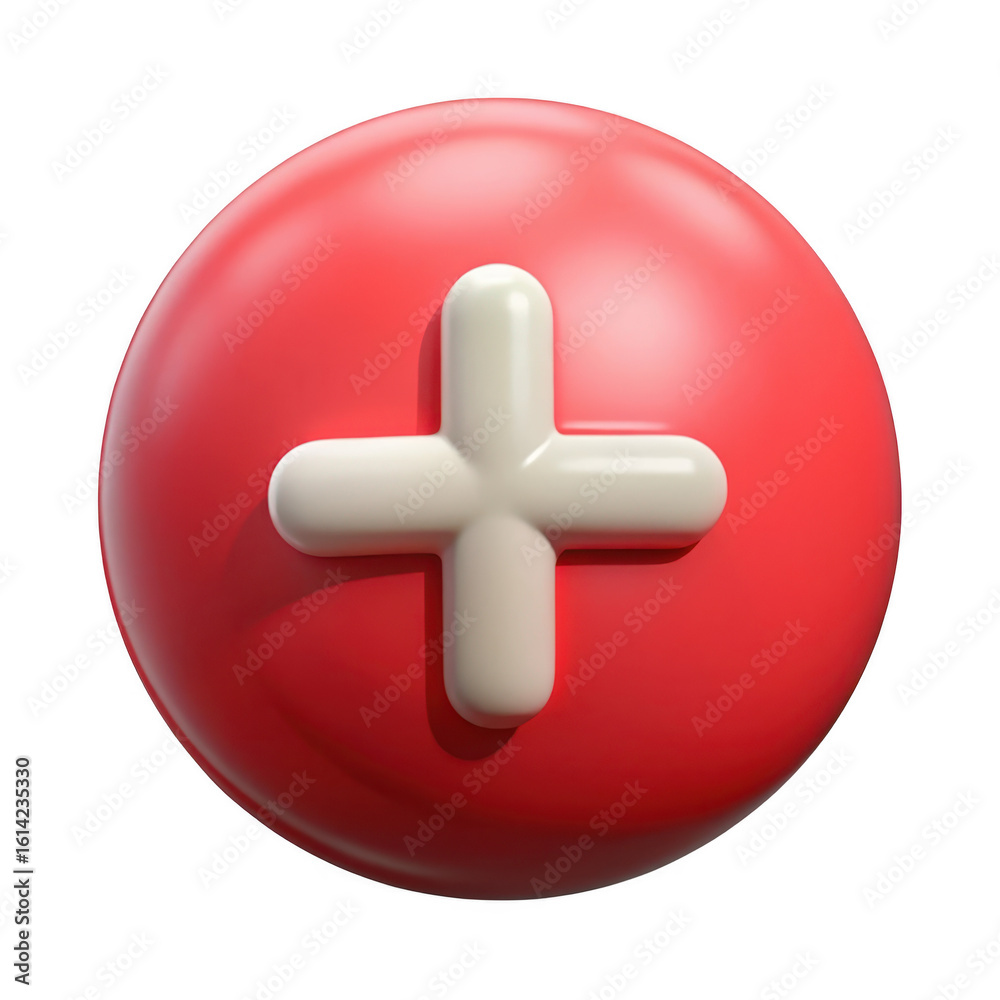 Obraz premium Red sphere with white plus symbol isolated on transparent background