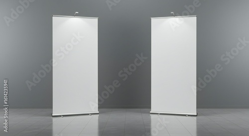 Two symmetrical blank white banners illuminated from above, set against a gray background with polished floor reflecting light.