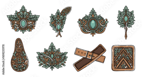 Intricate jewelry set with turquoise accents against white background