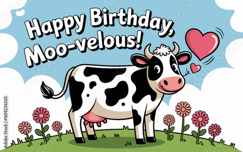 This whimsical birthday card features an adorable cow with a cheerful message, suitable for celebrating bovine-themed birthdays with a fun and lively atmosphere.