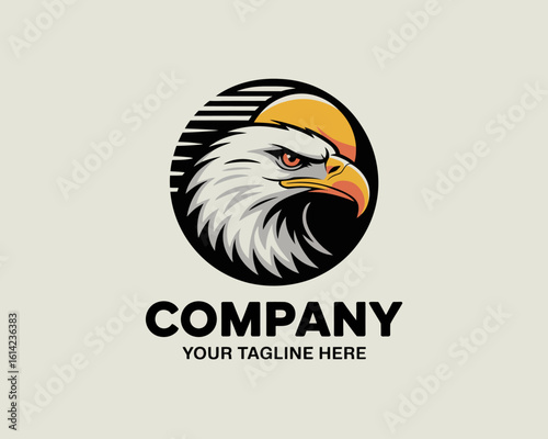 A striking logo showcasing an eagle's fierce visage against a sun, embodying strength and freedom ideal for sports or patriotic branding.