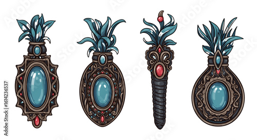 Ornamental potion bottles displayed with teal leaves and ornate detailing.