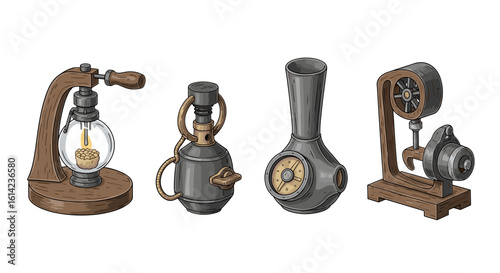 Steampunk invention set showcases intricate details and retro aesthetic.