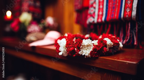 A vibrant red and white floral crown on a wooden table, glowing with warm candlelight and festive textiles in the background.
