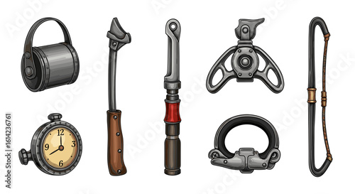 Steampunk toolkit collection: unique old metallic equipment and objects