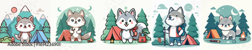 collection of cute wolf vectors camping