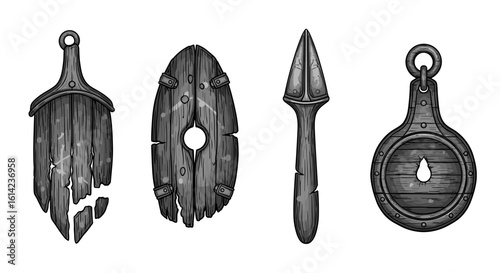 Assortment of uniquely designed wooden pendants in an illustrative style